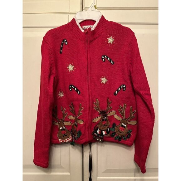 Derek Heart Size 7 Red Reindeer Christmas Cardigan Winter Snow Sweater‎ Full Zip - Picture 1 of 8
